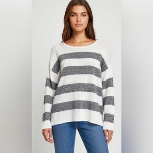 Eileen Fisher White Gray Stripes 100% Organic Linen Knit Sweater Pullover